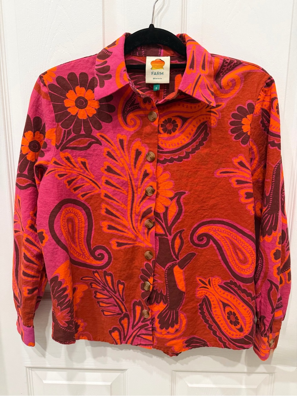 FARM Rio Pink Orange Paisley Hummingbird Print Button Down Shirt Size S